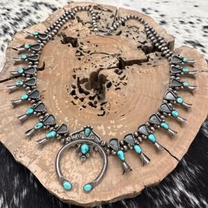 1930s-1940s NAVAJO Sterling & Turquoise Squash Blossom Necklace Shadowbox Loops